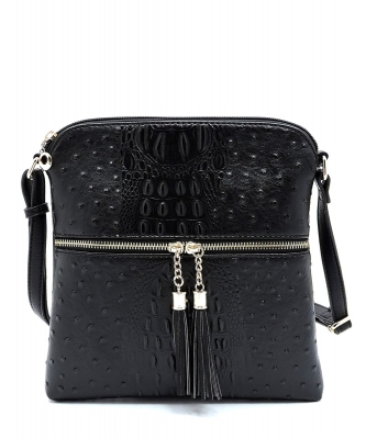 Ostrich Croc Zip Tassel Crossbody Bag OS062 BLACK